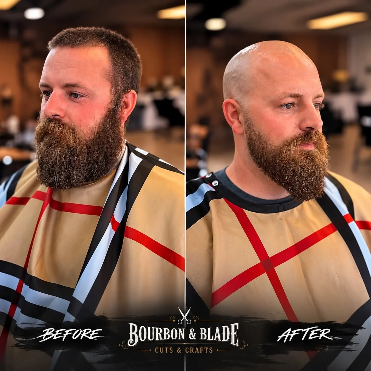 Before and after beard shaping at Bourbon & Blade