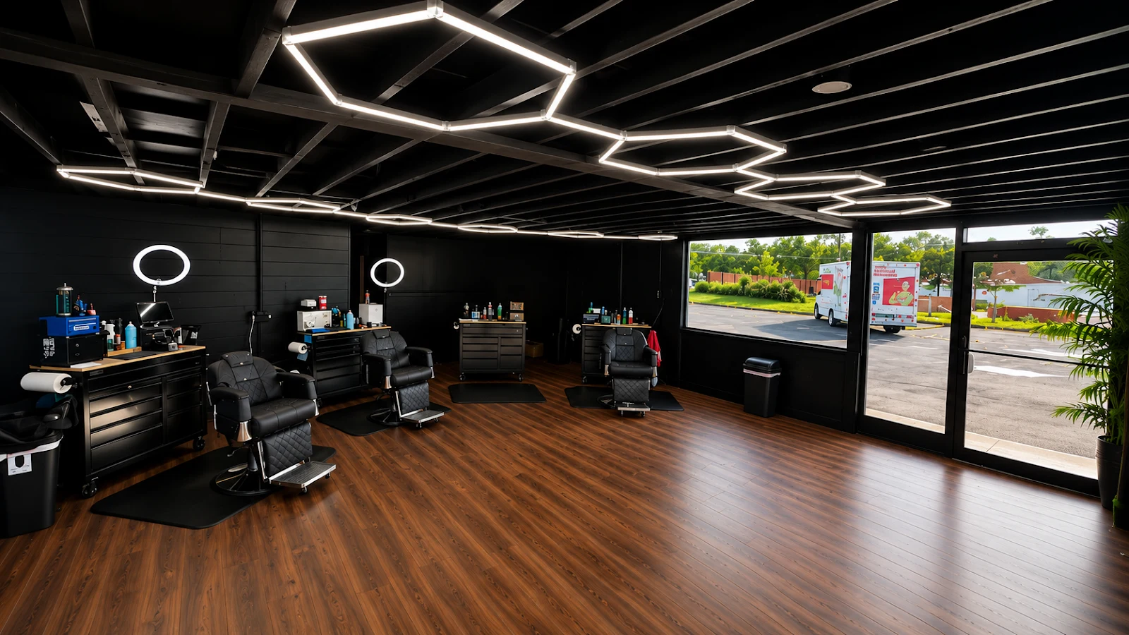 Copper Blade’s black barber chairs, wood floor and geometric ceiling lights