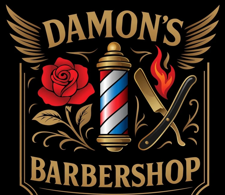 Damon’s Barbershop gold, red and blue mark with a barber pole, rose and razor