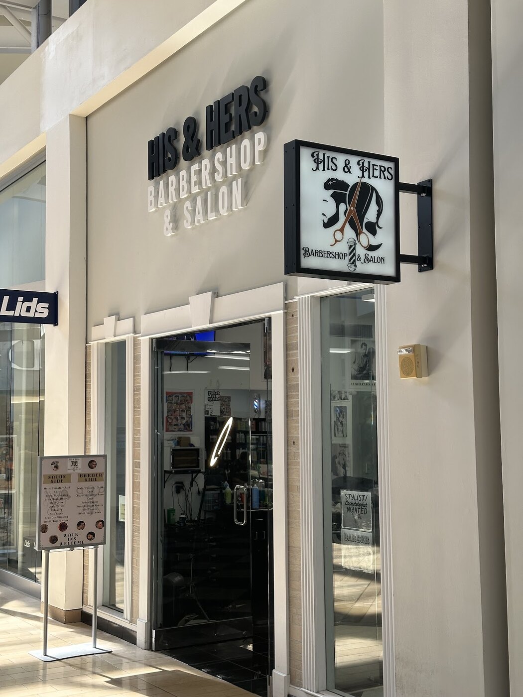 His and Hers Barbershop and Salon sign and entrance inside Mall St. Matthews