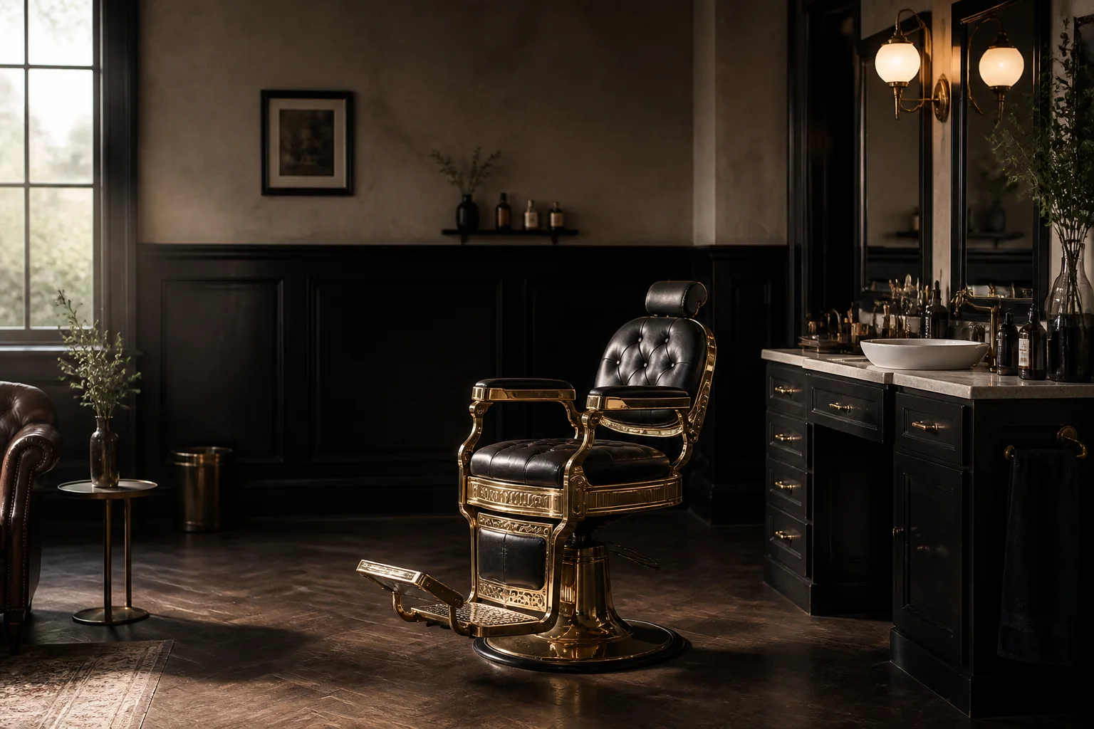 Barber lounge concept with black, ivory, and gold details