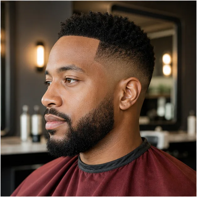 Editorial portrait featuring a sharp fade and shaped beard