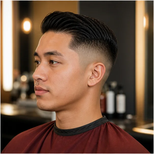 Editorial barber portrait featuring a swept style and tapered sides