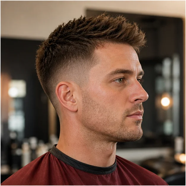 Editorial portrait featuring a clean tapered haircut