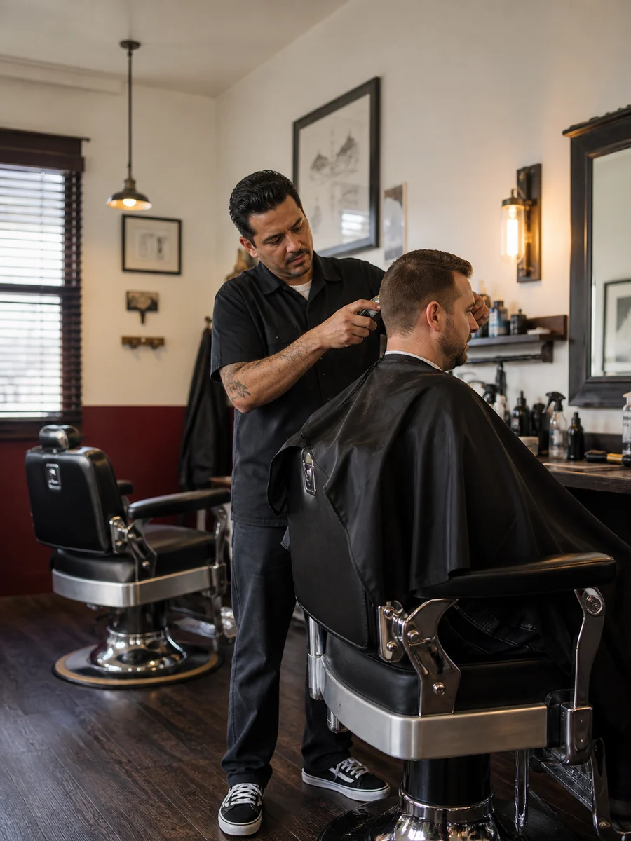 Barber working on an adult client’s haircut