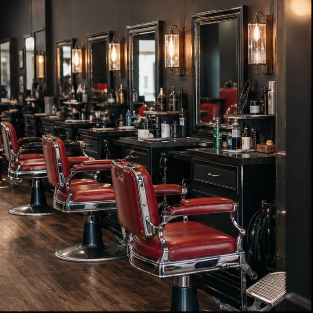 Illustrative barber chairs and stations created for this concept