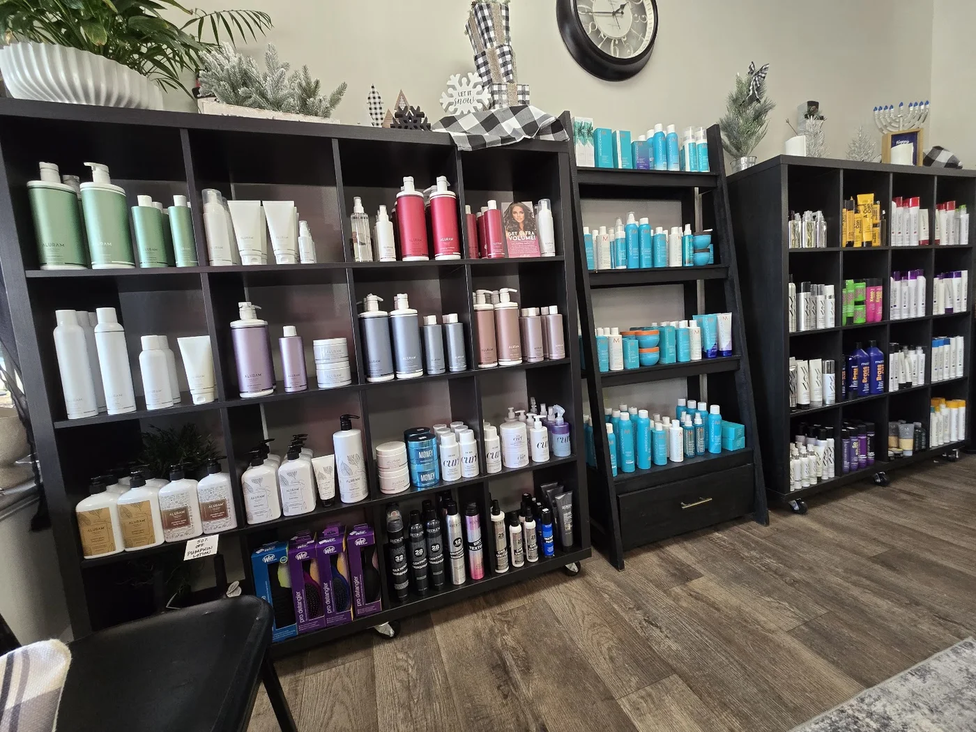 Professional hair care products displayed inside the salon