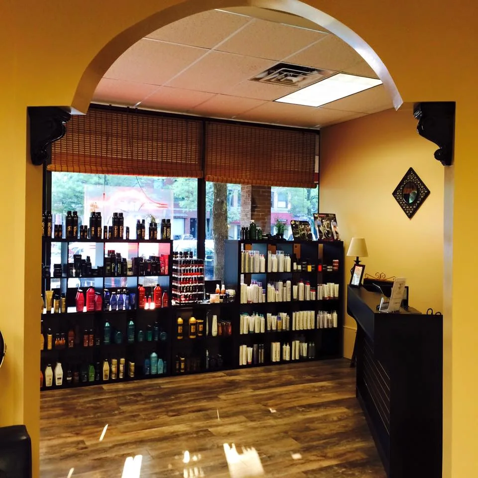 A bright product display and salon interior