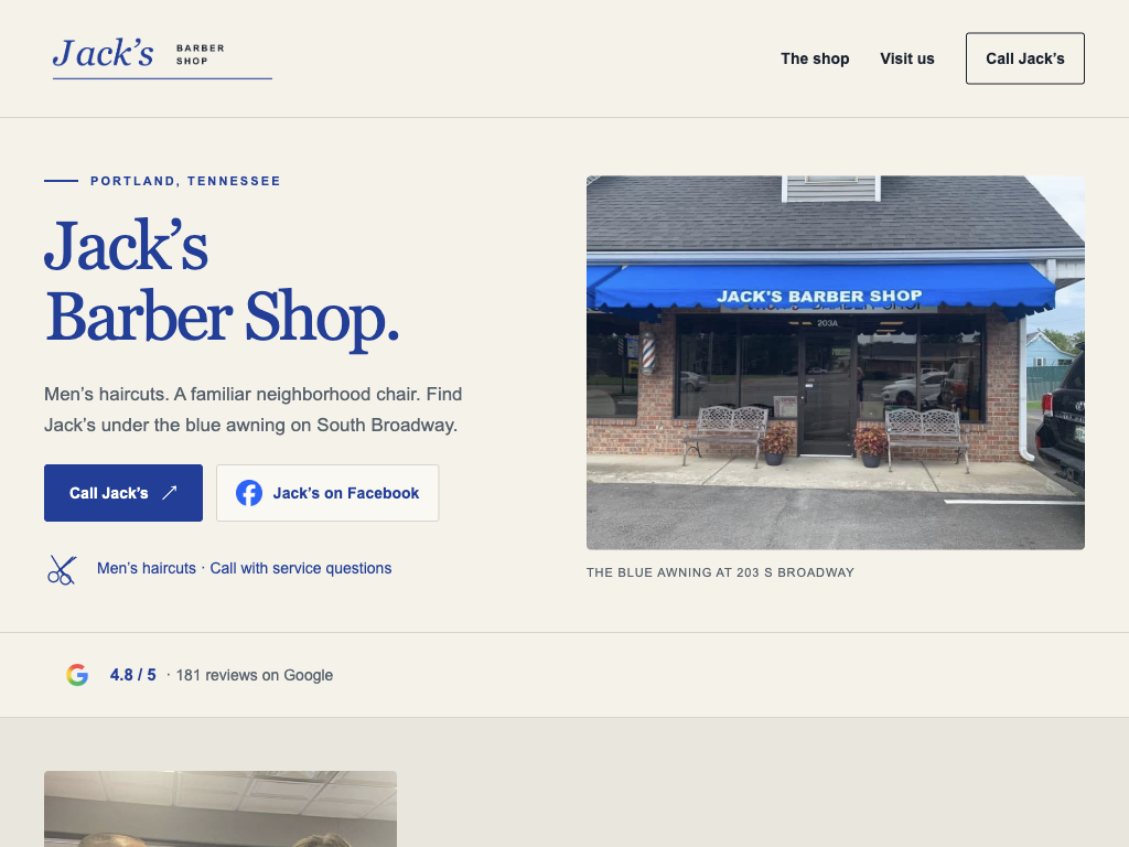 Homepage preview for Jack’s Barber Shop