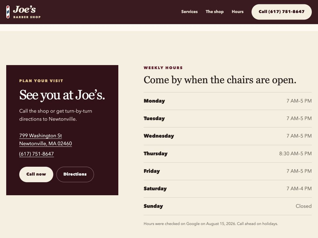 Homepage preview for Joe's Barbershop
